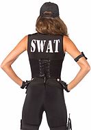 Female SWAT officer, catsuit costume, front zipper, buckle